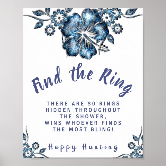 Blue Flower Find the Ring Bridal Shower Game Sign (Front)