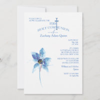 Blue Flower First Holy Communion Invitation
