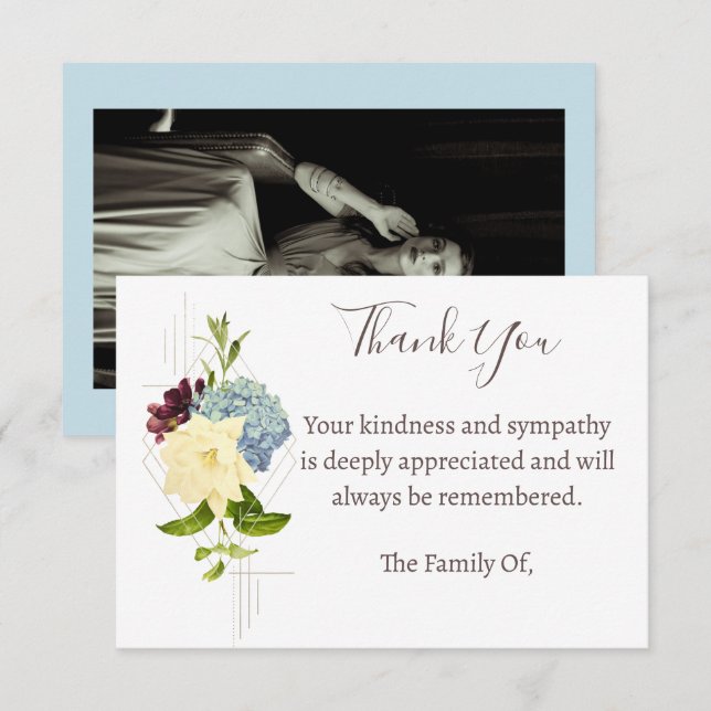 Blue Flower Funeral Photo Thank You Card   (Front/Back)