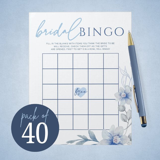 Blue Flower Gift Bingo Bridal Shower Game Pack Notepad (Beautiful Blue Watercolor Floral Gift Bingo Bridal Shower Game Pack of 40 Games)