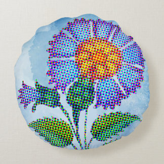 Blue Flower Halftone on Blue Fine Art Round Pillow