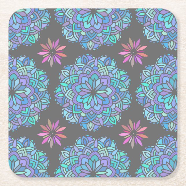 Blue Flower Mandala Square Paper Coaster (Front)