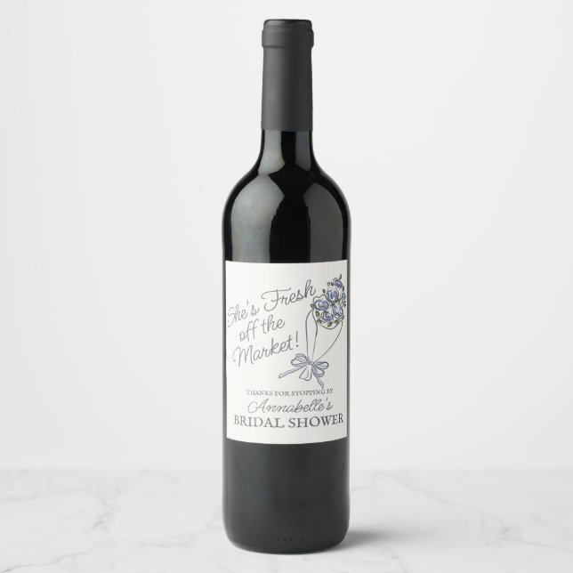Blue Flower Market Fresh Floral Bridal Shower Wine Label (Front)