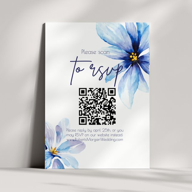 Blue Flower Minimalist QR CODE Wedding RSVP Card (Creator Uploaded)