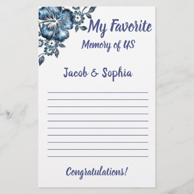 BLUE FLOWER MY MEMORY BRIDAL SHOWER GAME CARD (Front)