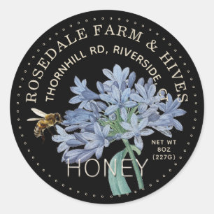 Blue Flower on Black Honey Label with Honeybee