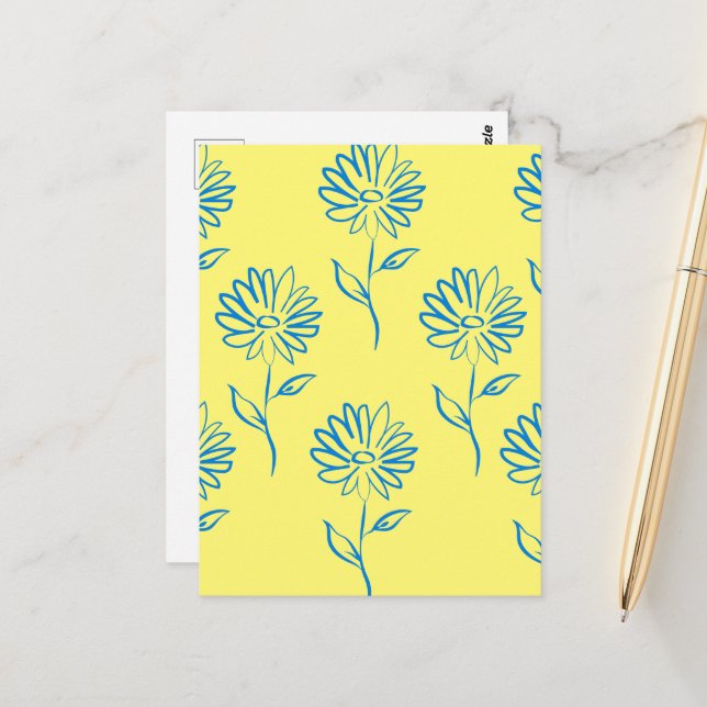 Blue Flower Outline In A Yellow Background Postcard (Front/Back In Situ)