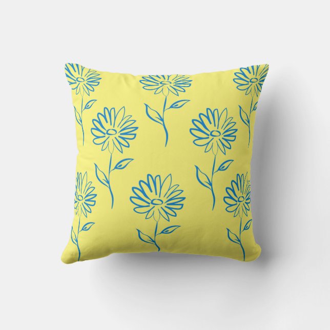 Blue Flower Outline In A Yellow Background Throw Pillow (Back)