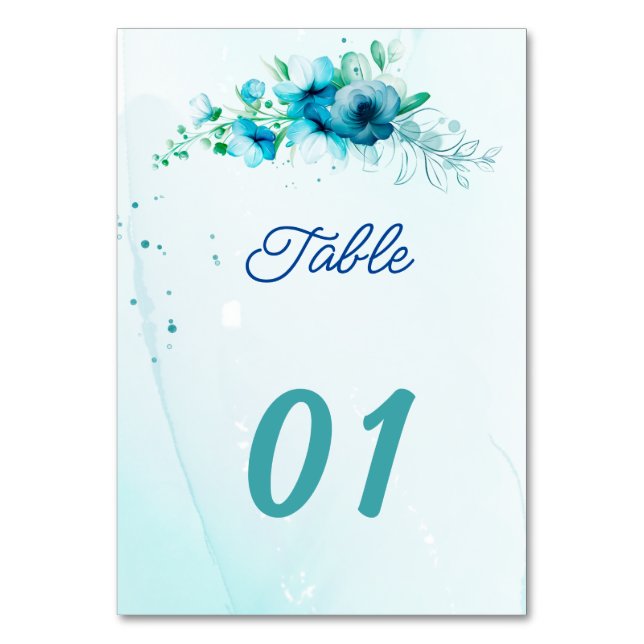 Blue Flower Personalized Wedding Table Number (Front)