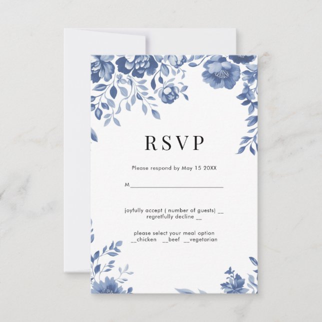 Blue Flower Retro floral wedding RSVP  Card (Front)