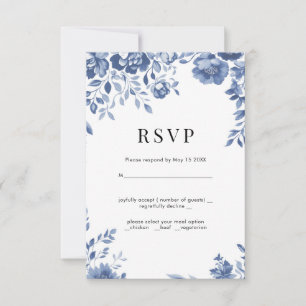 Blue Flower Retro floral wedding RSVP Card