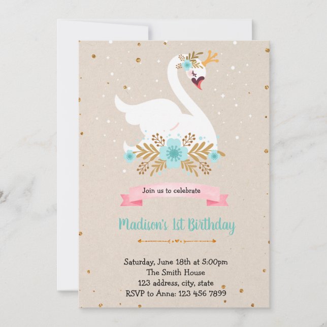 Blue flower swan birthday invitation (Front)
