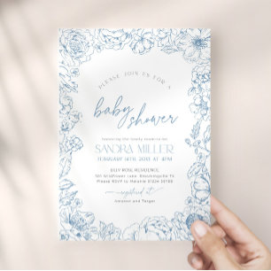 Blue flower Toile de Jouy Baby Shower Invitation