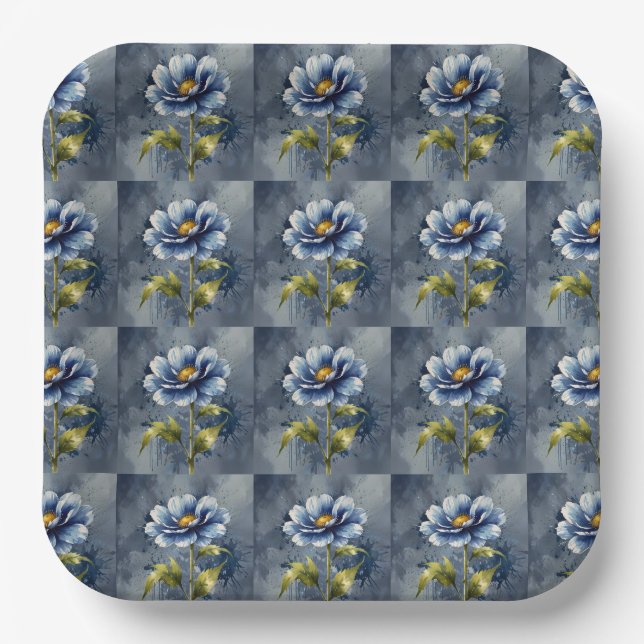 Blue flower watercolour pattern paper plate (Front)