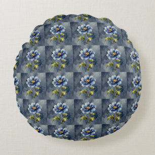 Blue flower watercolour pattern round pillow