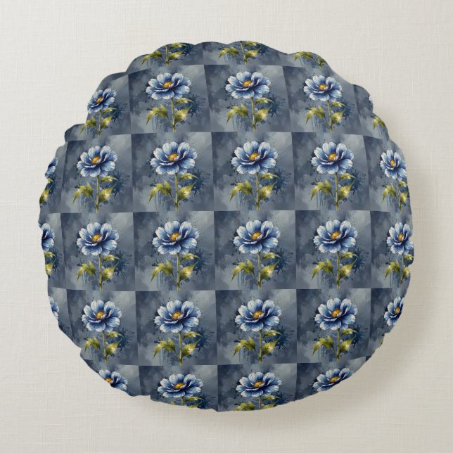 Blue flower watercolour pattern round pillow (Front)