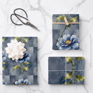 Blue flower watercolour pattern wrapping paper sheet