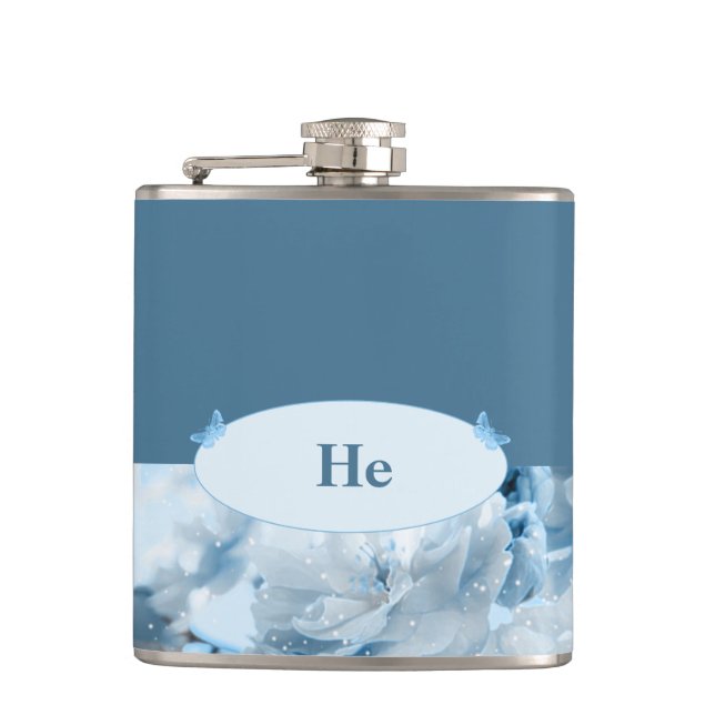 Blue Flower Wedding Invitation Hip Flask (Front)