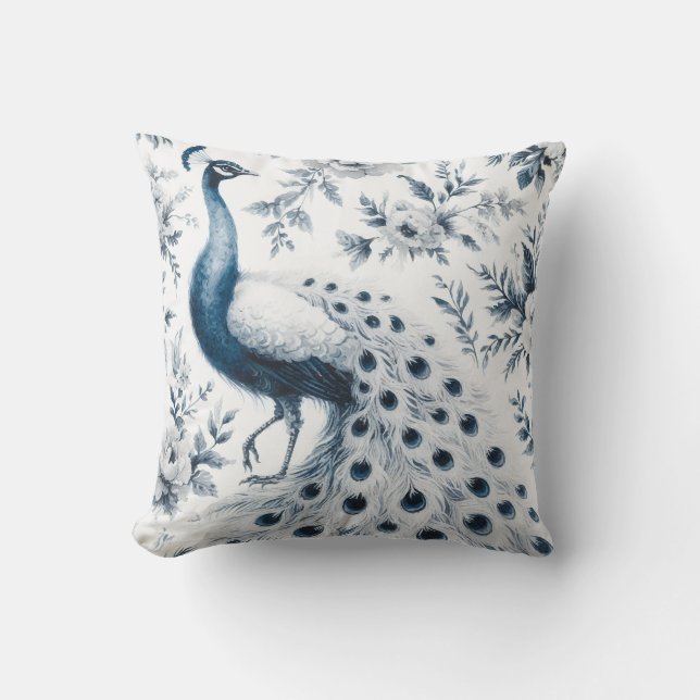 Blue flower with peacock pattern throw pillow (Front)