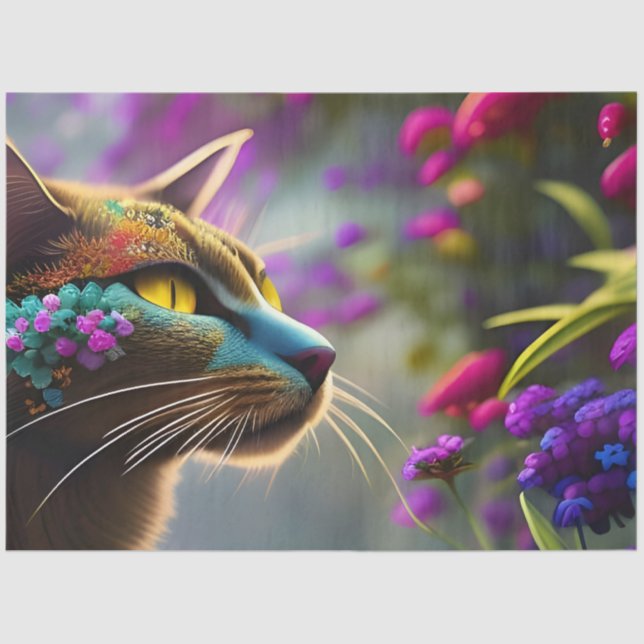 Blue flowered calico cat, Fantasy  Tissue Paper (Front)