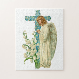 Blue Flowered Christian Cross Jigsaw Puzzle