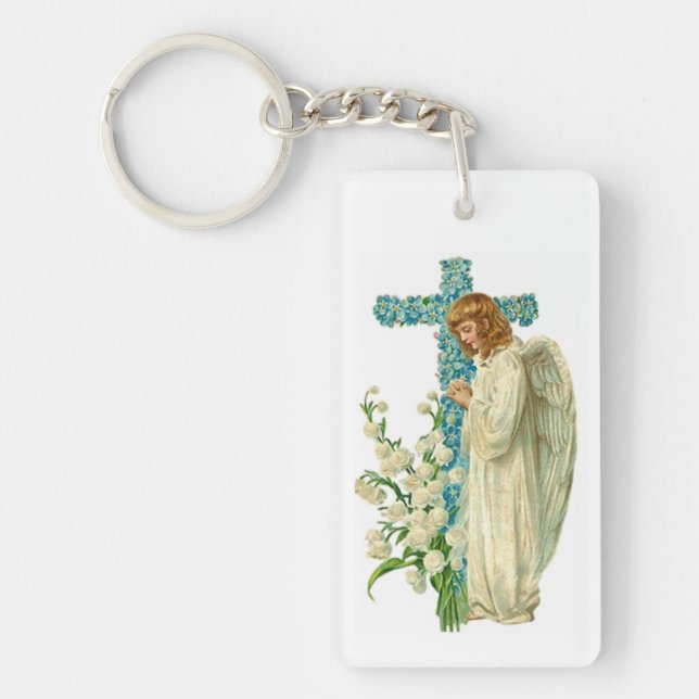 Blue Flowered Christian Cross Keychain (Front)