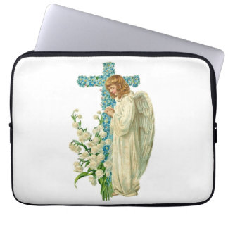 Blue Flowered Christian Cross Laptop Sleeve