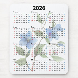 Blue Flowers 2026 Calendar On White Mouse Pad
