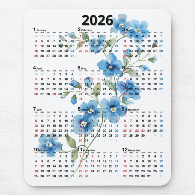 Blue Flowers 2026 Calendar On White Mouse Pad (Front)