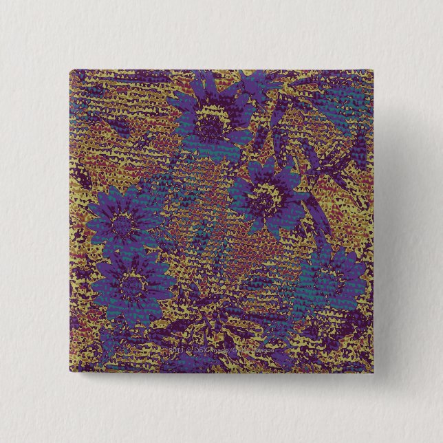 Blue flowers against leaf camouflage pattern 2 inch square button (Front)