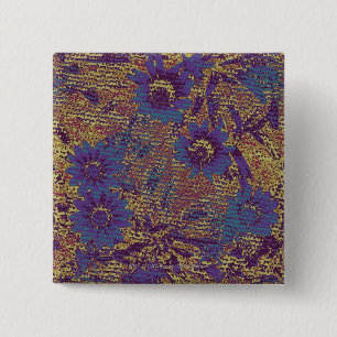 Blue flowers against leaf camouflage pattern 2 inch square button
