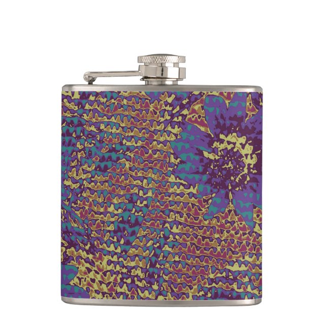 Blue flowers against leaf camouflage pattern hip flask (Front)