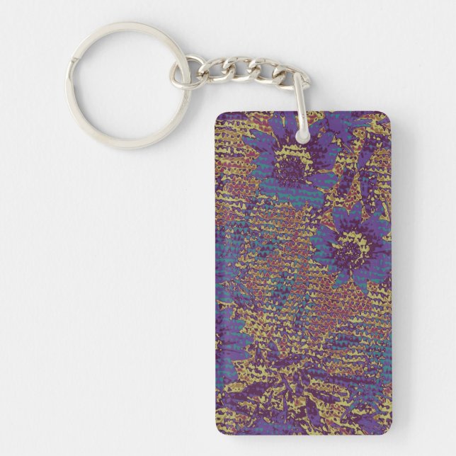 Blue flowers against leaf camouflage pattern keychain (Front)