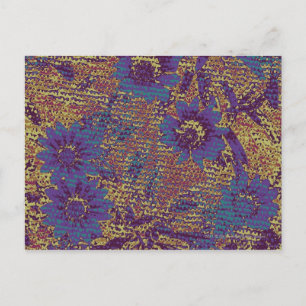 Blue flowers against leaf camouflage pattern postcard