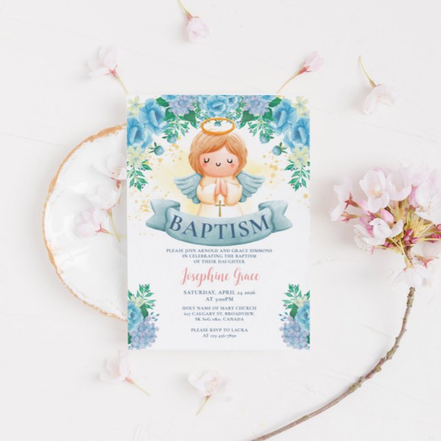 Blue Flowers and Angel Baptism Invitation (Creator Uploaded)