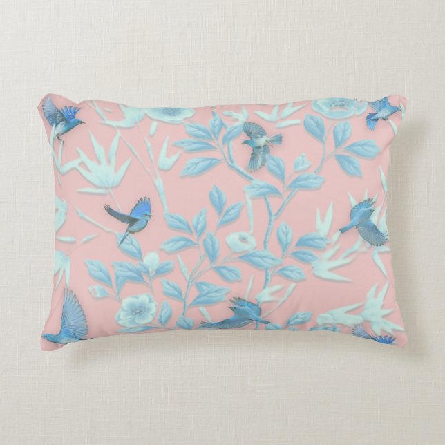 blue flowers and bird ,Background light rose colou Accent Pillow (Front)