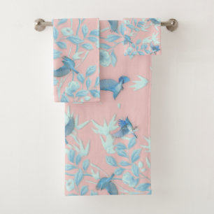 blue flowers and bird ,Background light rose colou Bath Towel Set