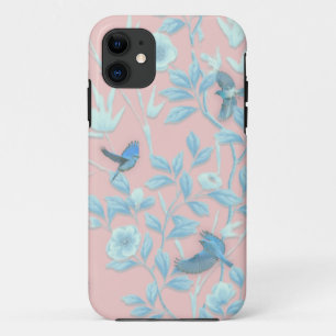 blue flowers and bird ,Background light rose colou iPhone 11 Case