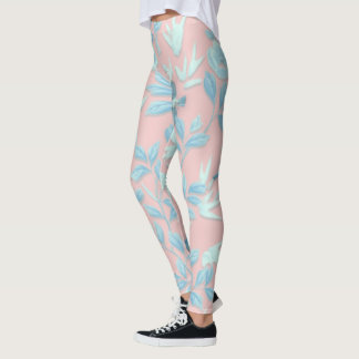 blue flowers and bird ,Background light rose colou Leggings