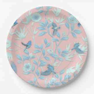 blue flowers and bird ,Background light rose colou Paper Plate