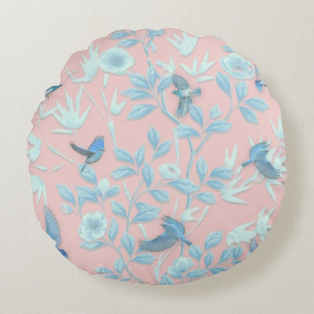 blue flowers and bird ,Background light rose colou Round Pillow (Front)