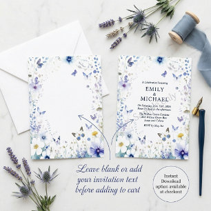 Blue flowers and butterflies blank wedding invitation