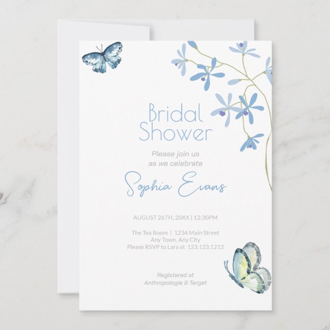 Blue Flowers and Butterflies White Bridal Shower Invitation (Front)