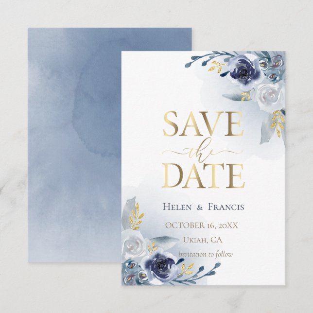 blue flowers and faux gold details | save the date invitation (Front/Back)