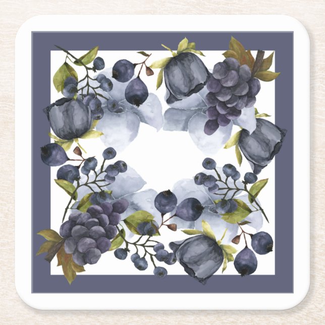 Blue flowers and fruits in frame square paper coaster (Front)