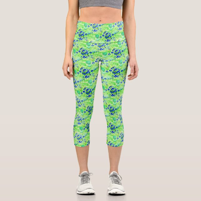 Blue Flowers And Grass Nature Art Pattern     Capri Leggings (Front)