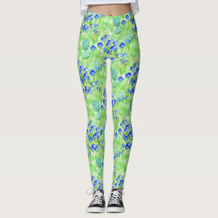 Blue Flowers And Grass Nature Art Pattern Leggings