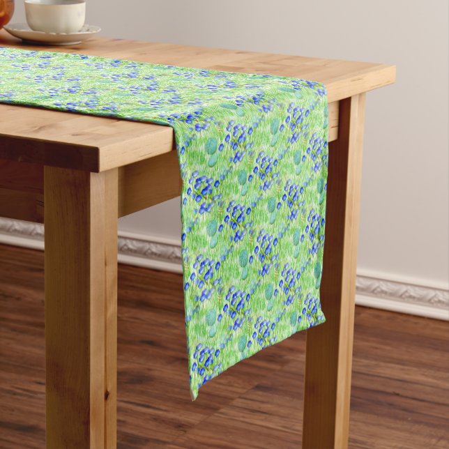 Blue Flowers And Grass Nature Art Pattern      Short Table Runner (In Situ)