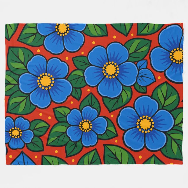 Blue Flowers and Green Leaves on a Red Background Fleece Blanket (Front (Horizontal))