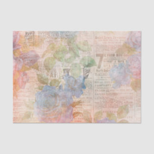 Blue Flowers and Newsprint Ephemera Tissue Paper